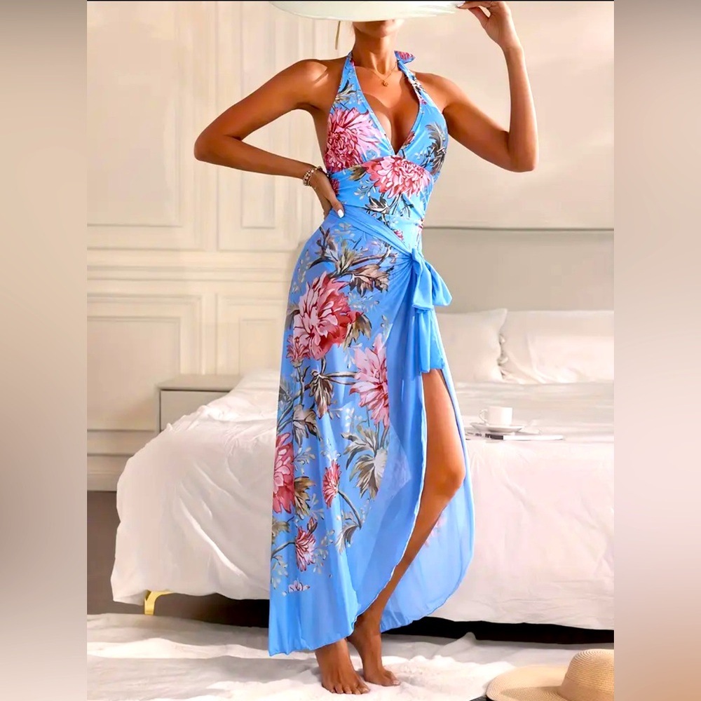 Elegant Blue Floral Halter Swimsuit & Wrap Skirt Set